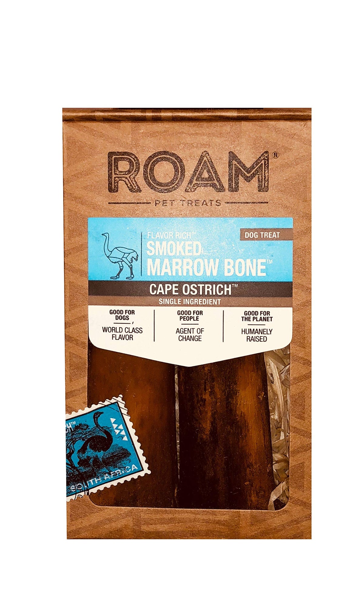 Roam Ostrich Smoked Marrow Bone close-up shows a long-lasting chew for small to medium dogs