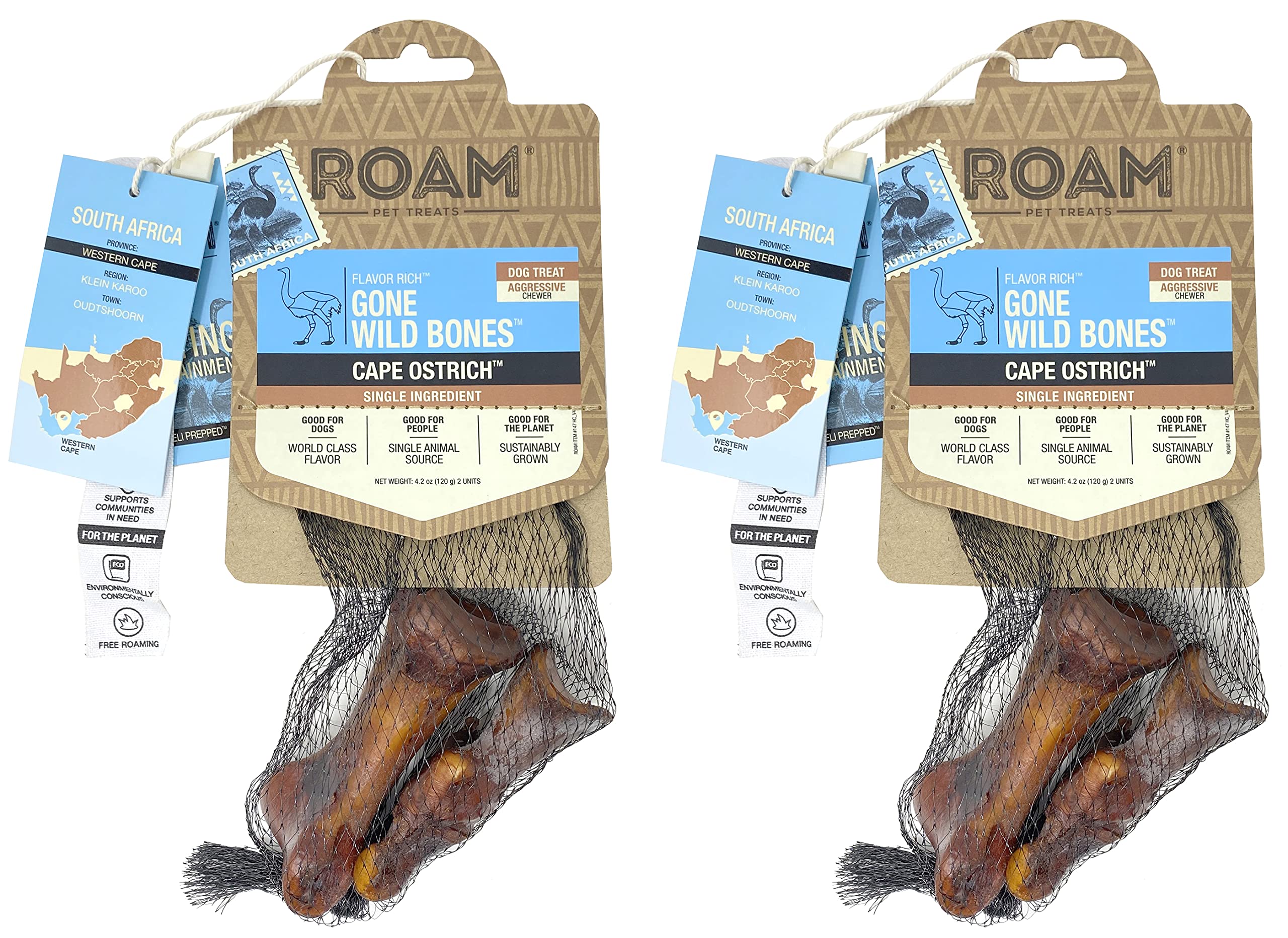 ROAM ostrich dog chew bag showing packaging long-lasting treat for small and medium dogs