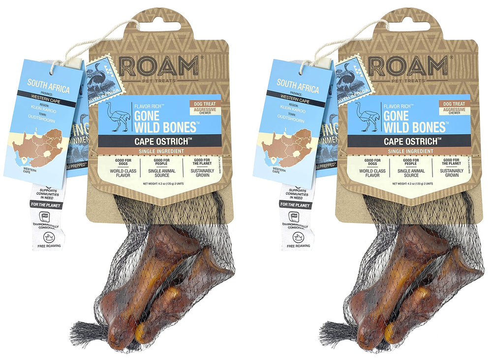 ROAM ostrich dog chew bag showing packaging long-lasting treat for small and medium dogs