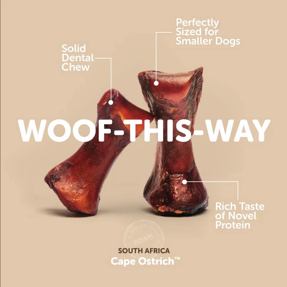 ROAM ostrich dog chew pack image demonstrates easy serving and mess-free chew sessions