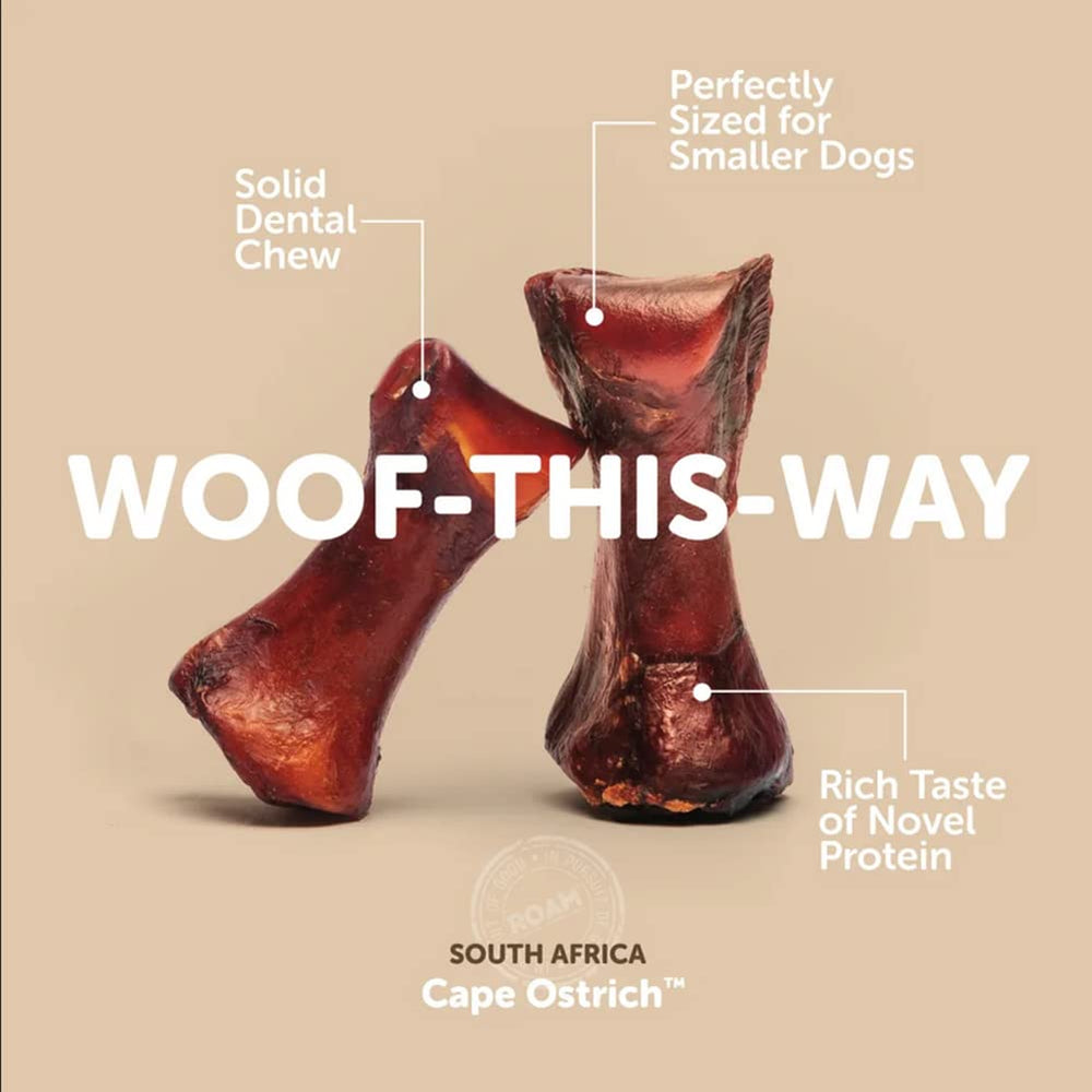 ROAM ostrich dog chew pack image demonstrates easy serving and mess-free chew sessions