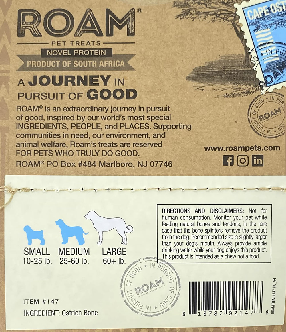 ROAM ostrich dog chew packaging display emphasizing ethical sourcing and pack of two