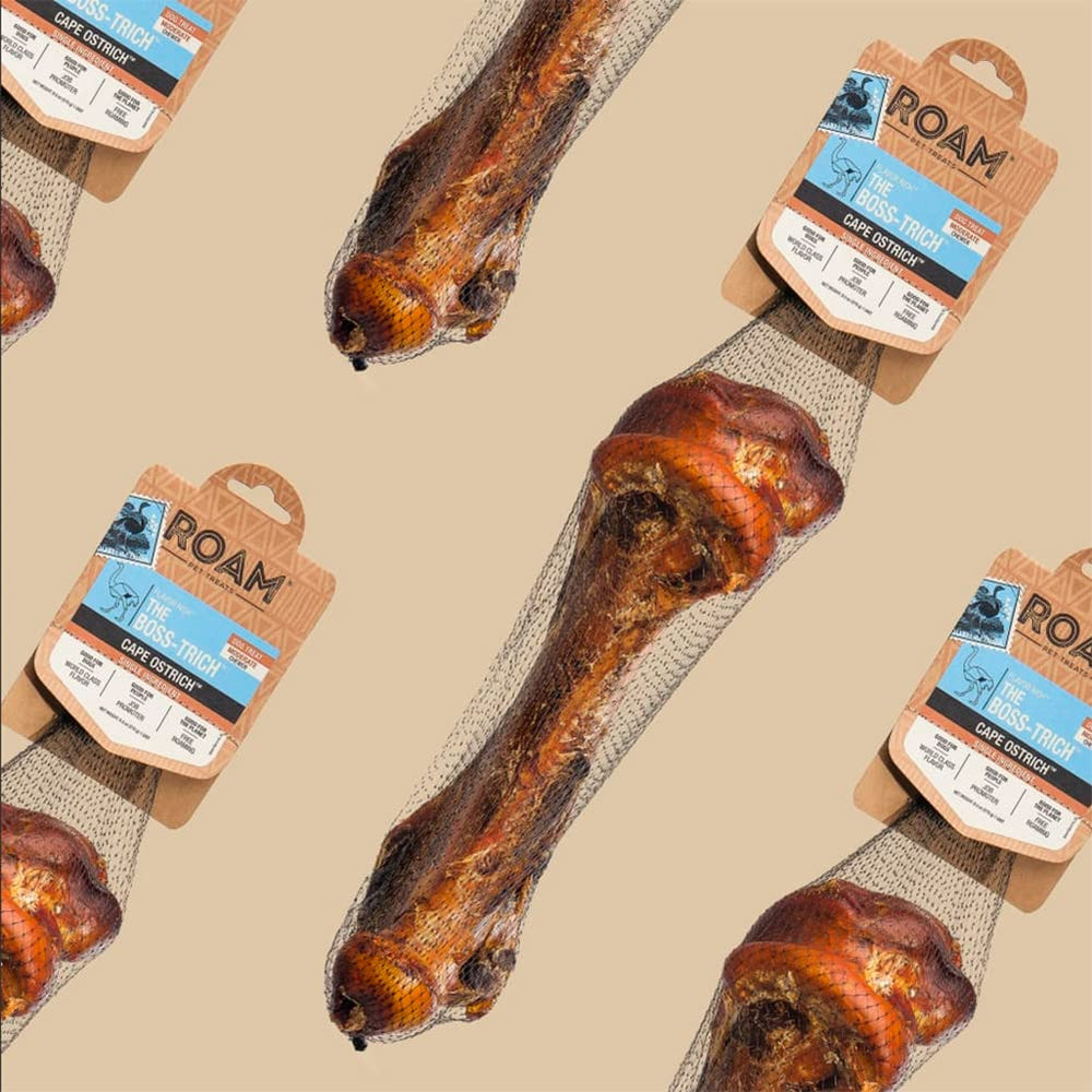 ROAM sustainable ostrich dog treat with conscious sourcing and tasty chew.