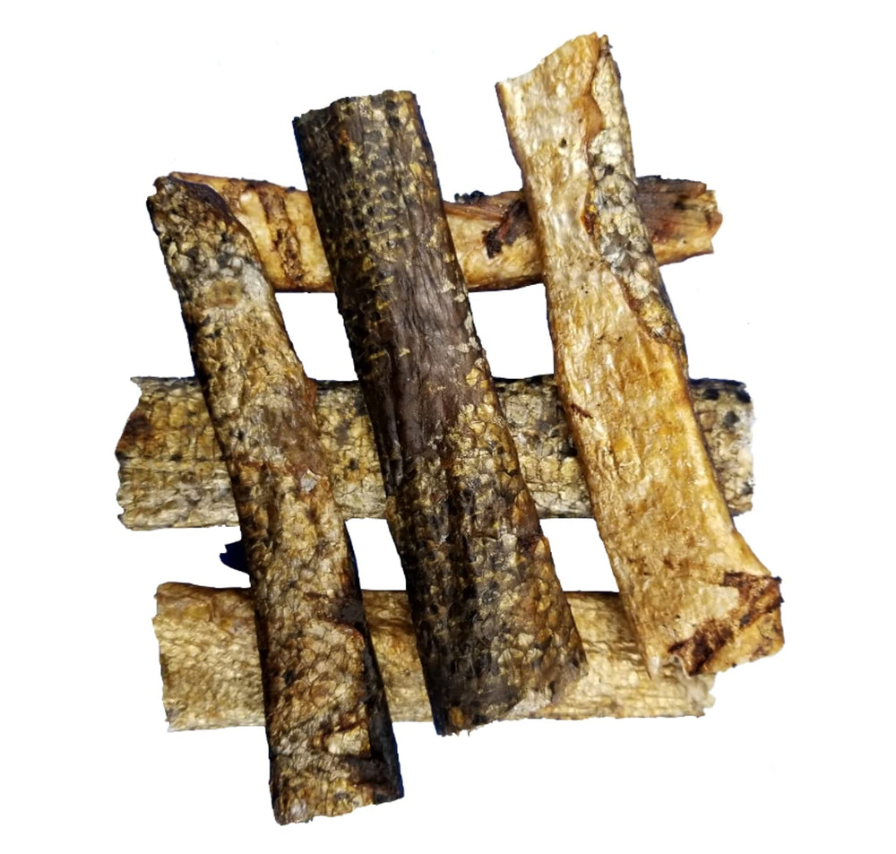 Rob's Salmon Smokehouse close-up of salmon skin slices, low-fat, high-protein dog treat.