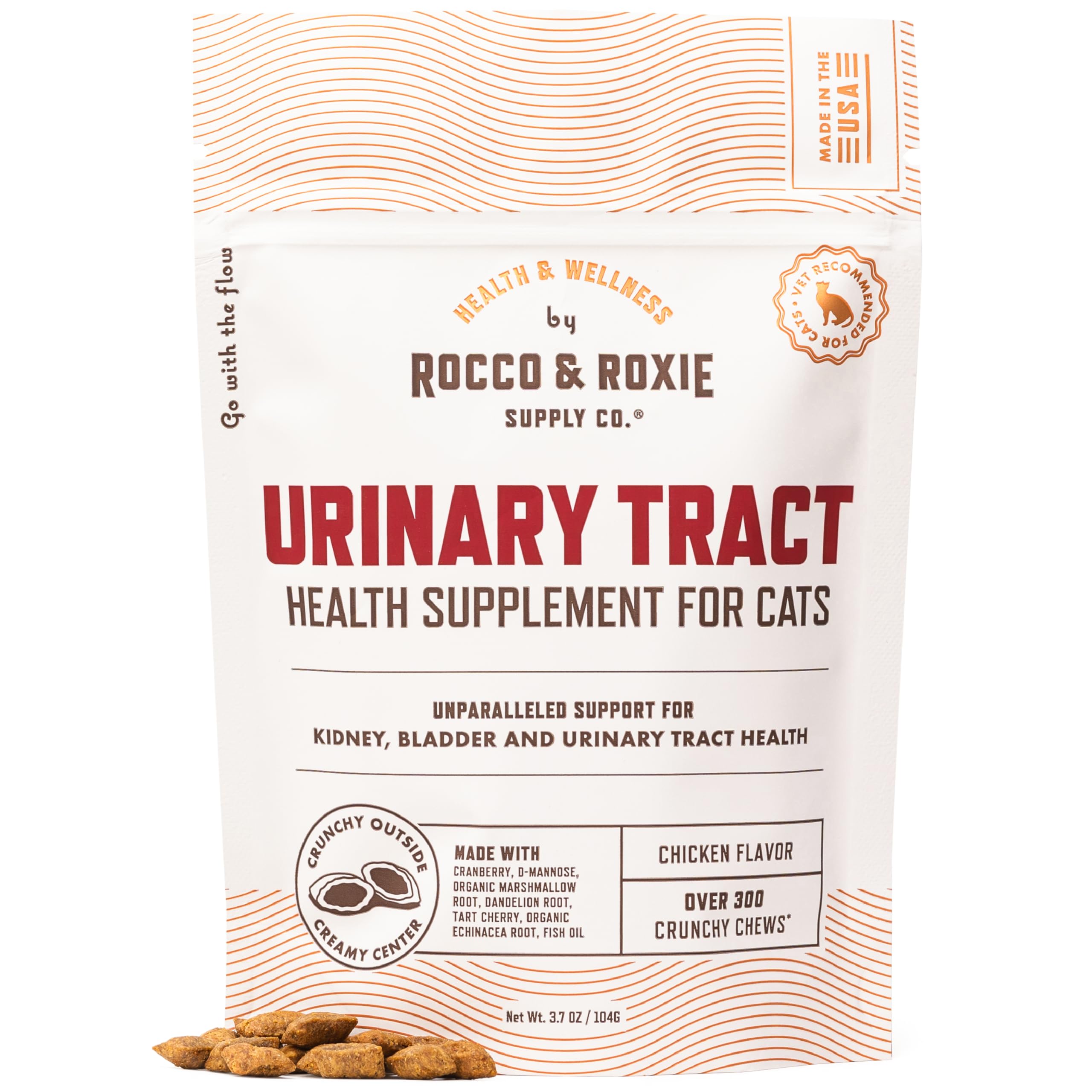 Rocco & Roxie cat urinary health supplement bottle shows convenient dosing for daily support