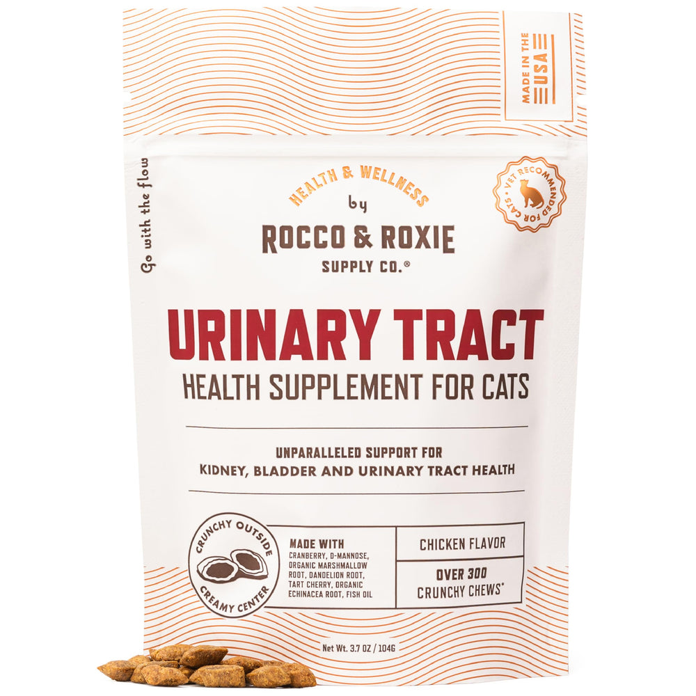 Rocco & Roxie cat urinary health supplement bottle shows convenient dosing for daily support