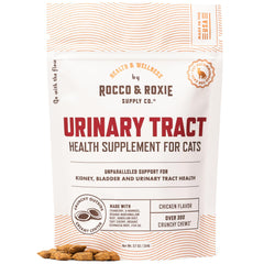 Rocco & Roxie cat urinary health supplement bottle shows convenient dosing for daily support