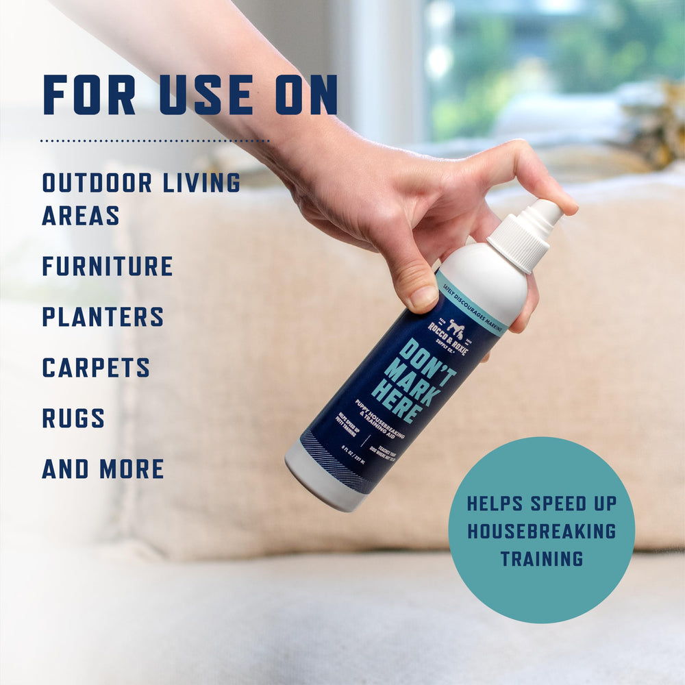 Rocco & Roxie Don't Mark Here applied on wood or fabric surfaces to deter peeing.