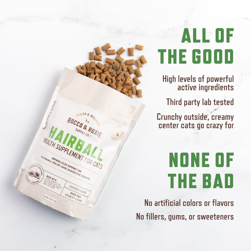 Rocco & Roxie Hairball Treat 300 chews package emphasizes value