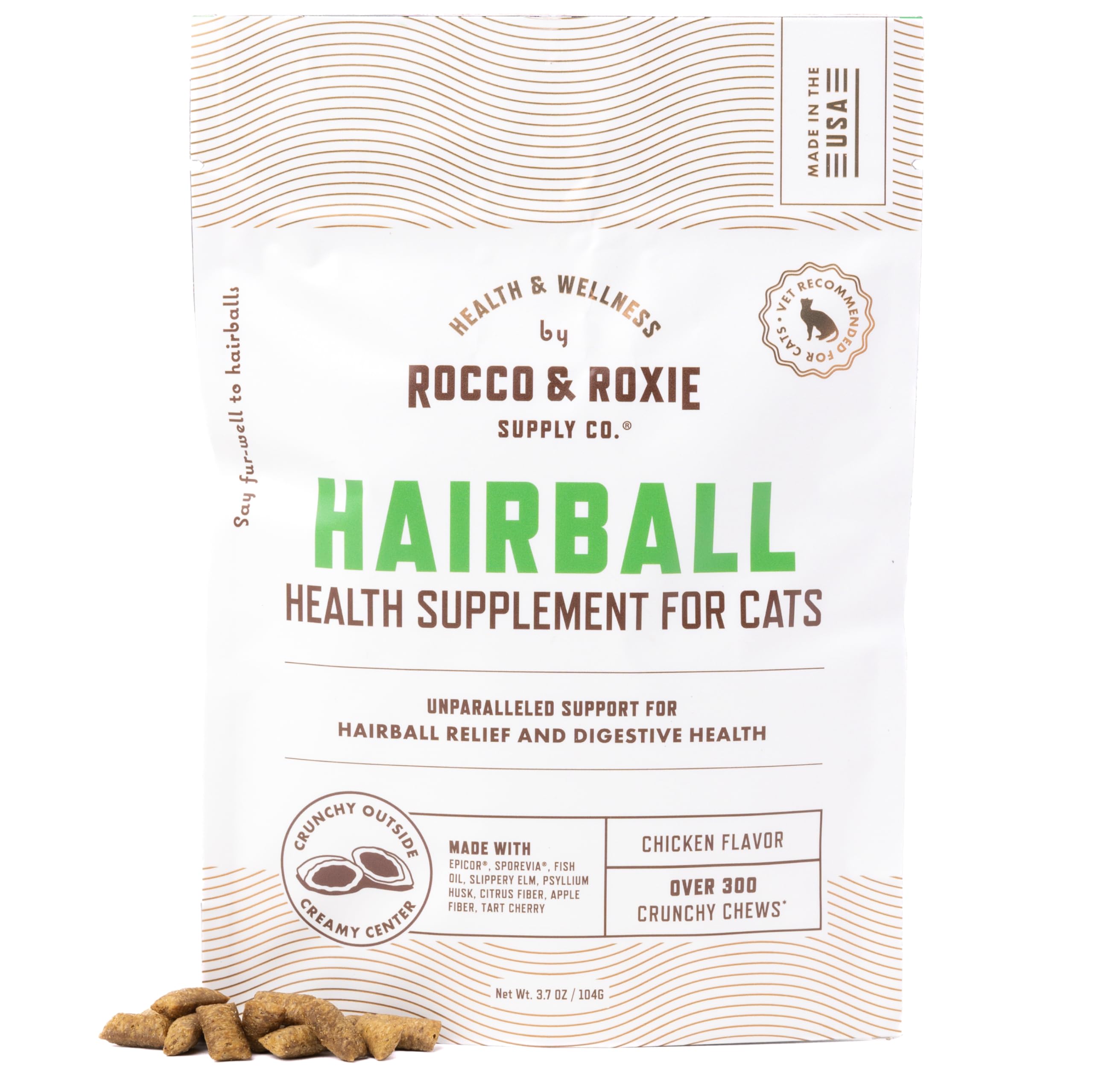 Rocco & Roxie Hairball Treat front packaging shows furball relief option