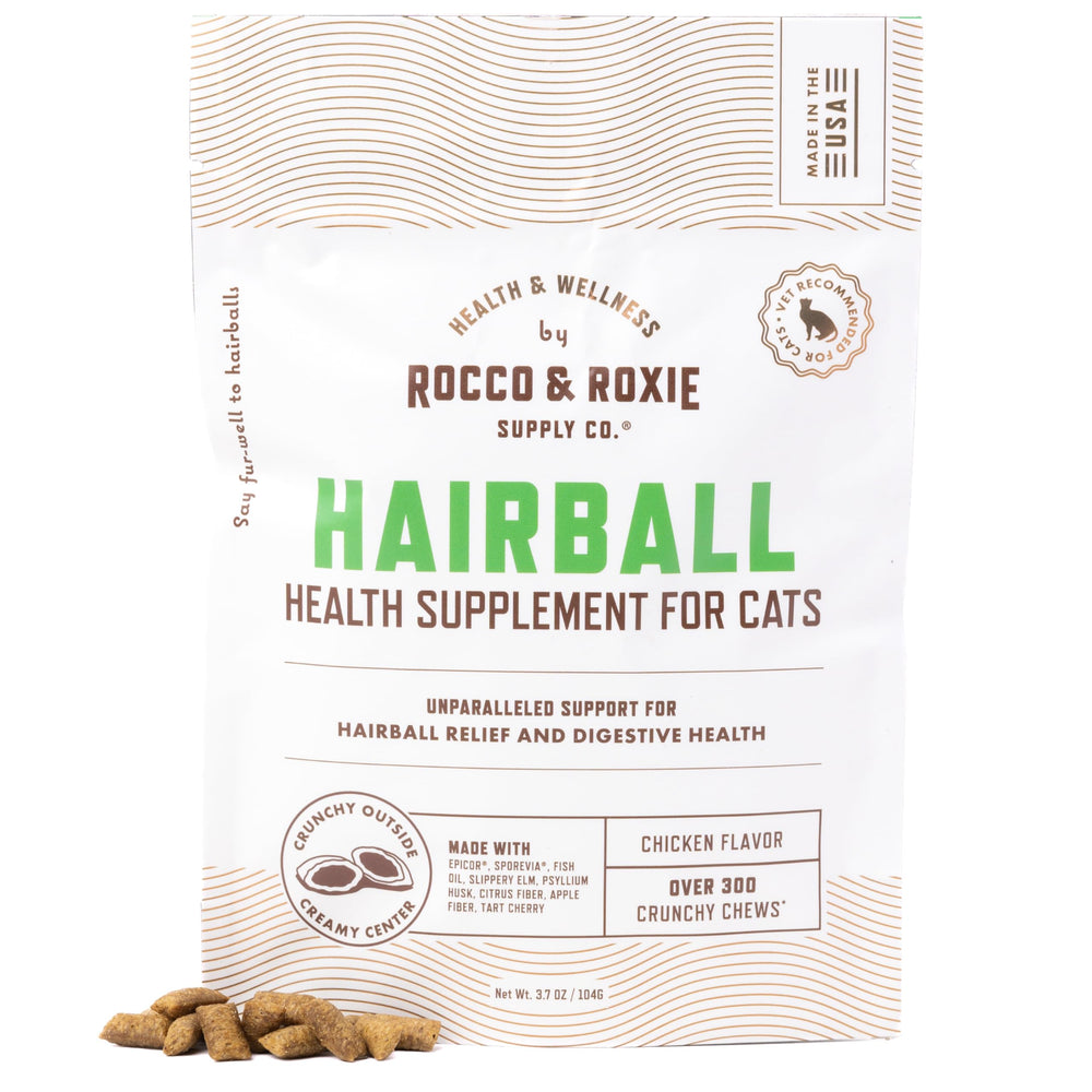 Rocco & Roxie Hairball Treat front packaging shows furball relief option