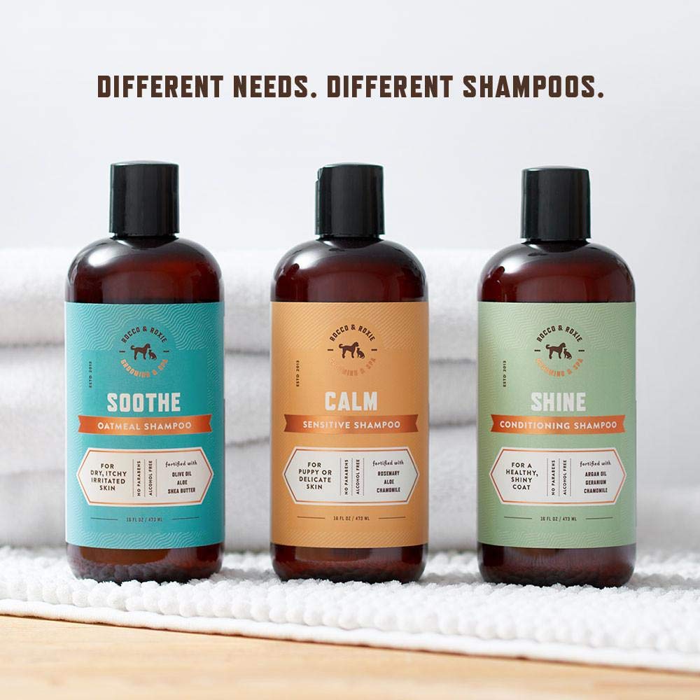 Rocco & Roxie ingredients close-up showing aloe, rosemary, chamomile soothing care.
