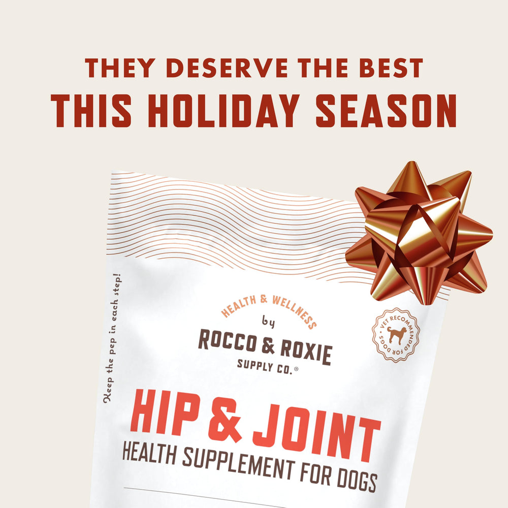 Rocco & Roxie duck-flavor joint chews close-up, a palatable mobility-support treat.