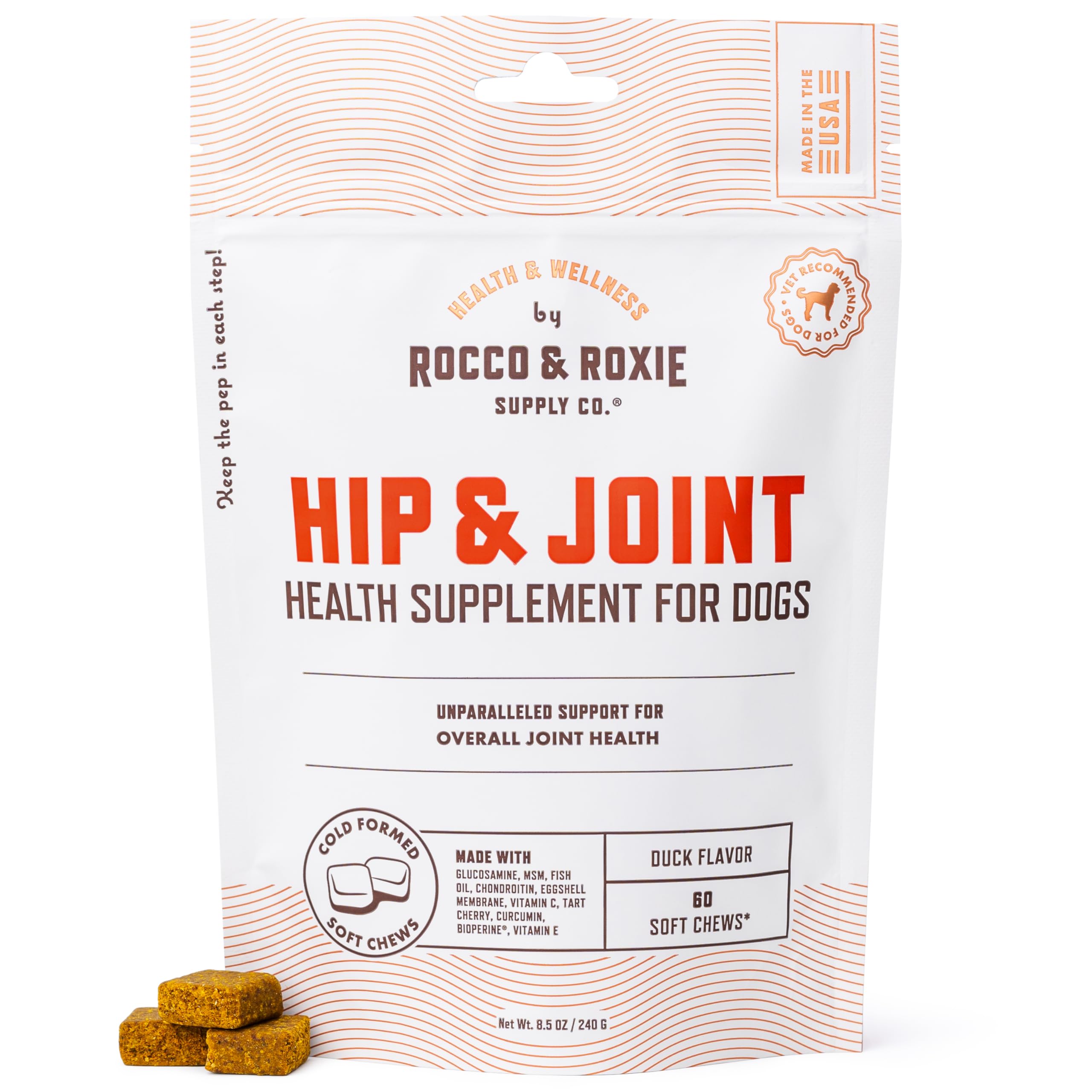 Rocco & Roxie Joint Supplement packaging communicates premium hip and joint support for dogs.