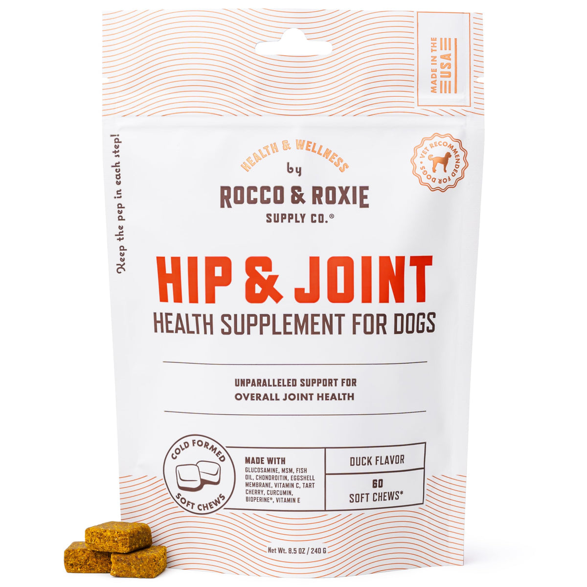 Rocco & Roxie Joint Supplement packaging communicates premium hip and joint support for dogs.