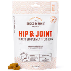 Rocco & Roxie Joint Supplement packaging communicates premium hip and joint support for dogs.