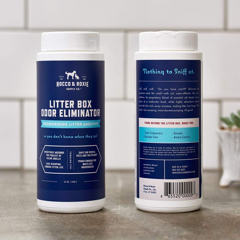Rocco & Roxie Litter Box Odor Eliminator granules close-up showing moisture-wicking action.