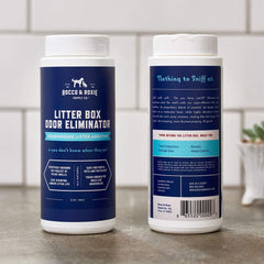Rocco & Roxie Litter Box Odor Eliminator granules close-up showing moisture-wicking action.