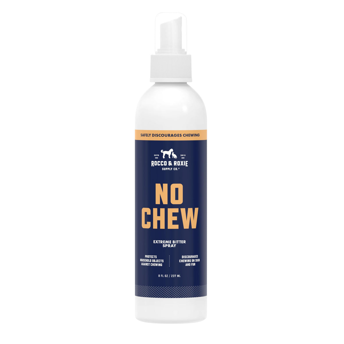 Rocco & Roxie No Chew Spray bottle deters chewing with skin-safe formula
