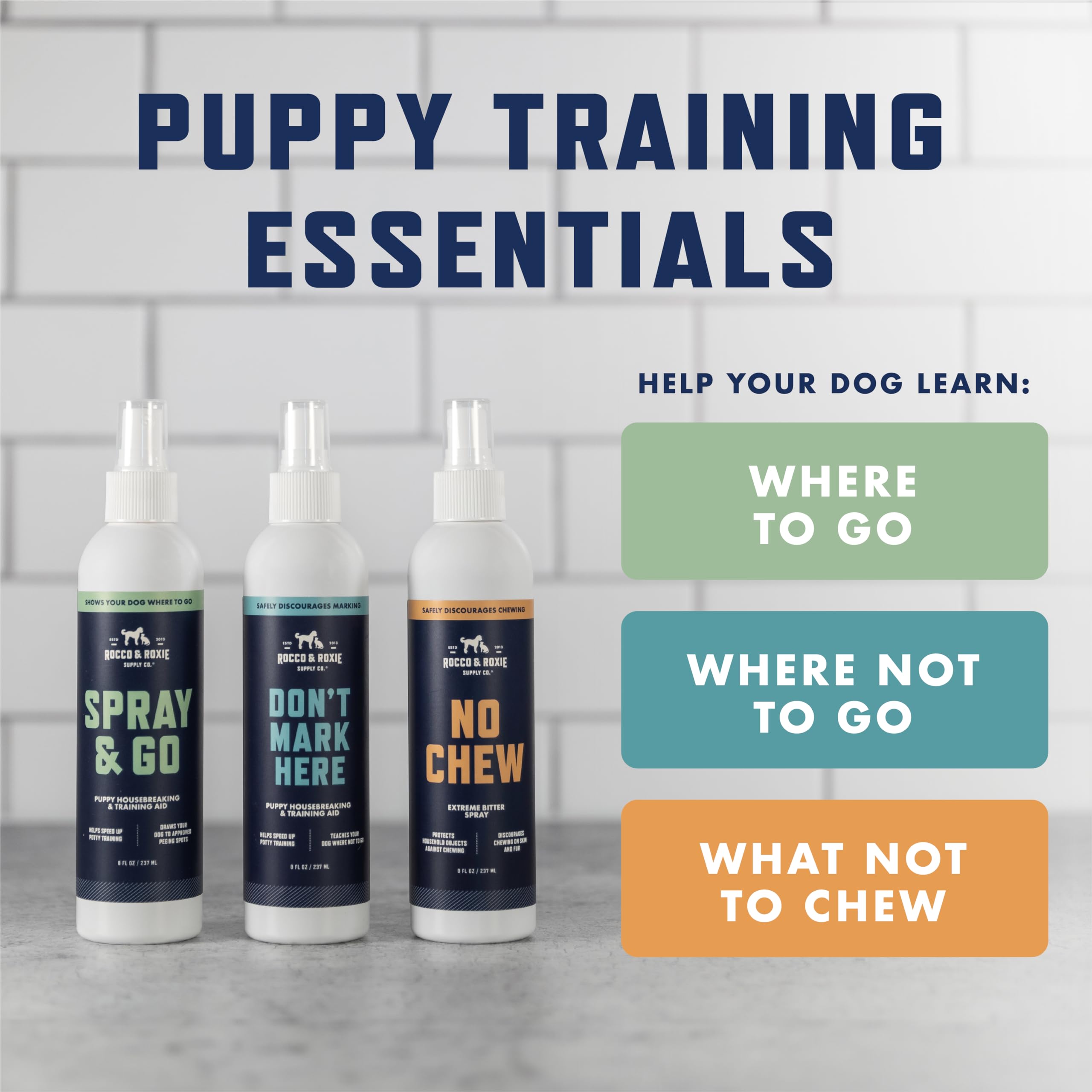 Rocco & Roxie Go Here spray supports consistent training routines at home.