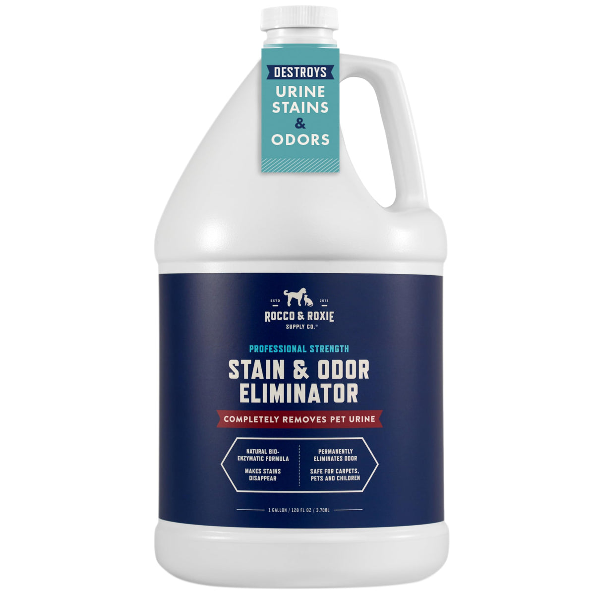 Rocco & Roxie Stain & Odor Eliminator bottle close-up showing label.