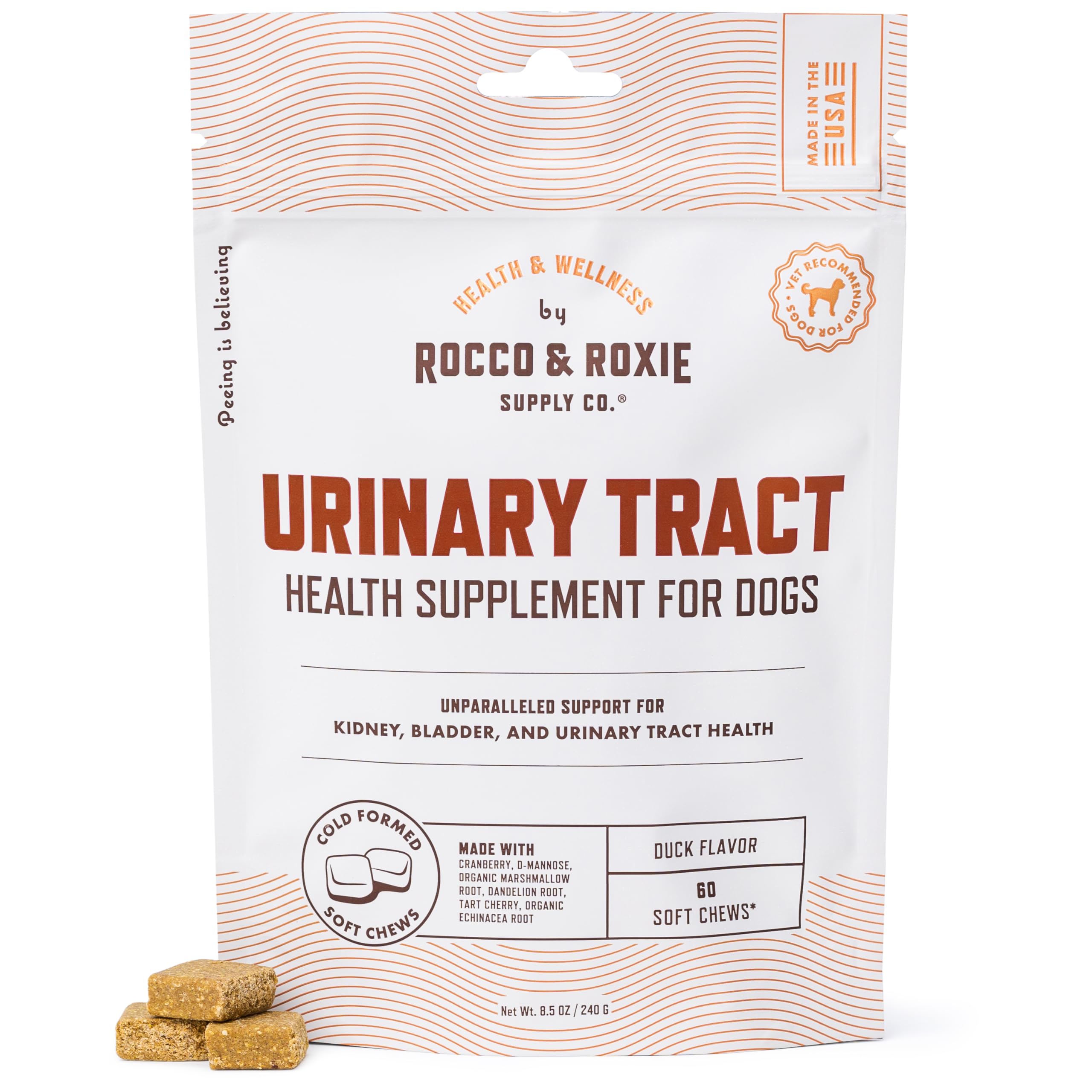Rocco & Roxie UTI treatment packaging shows 60-count duck-flavored chews for urinary support.