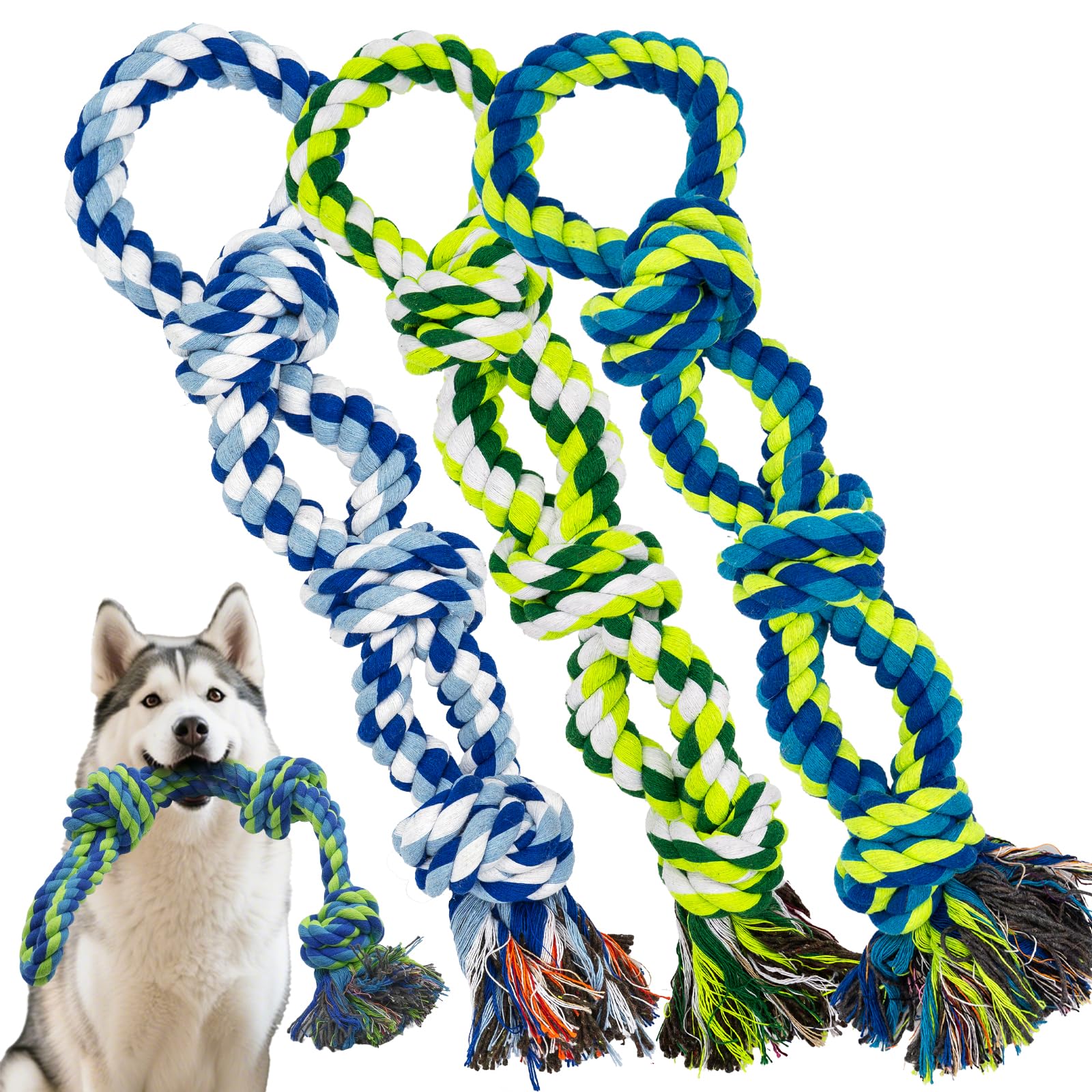 Rocfish 3-pack rope toys outer view shows a sturdy tug-of-war setup