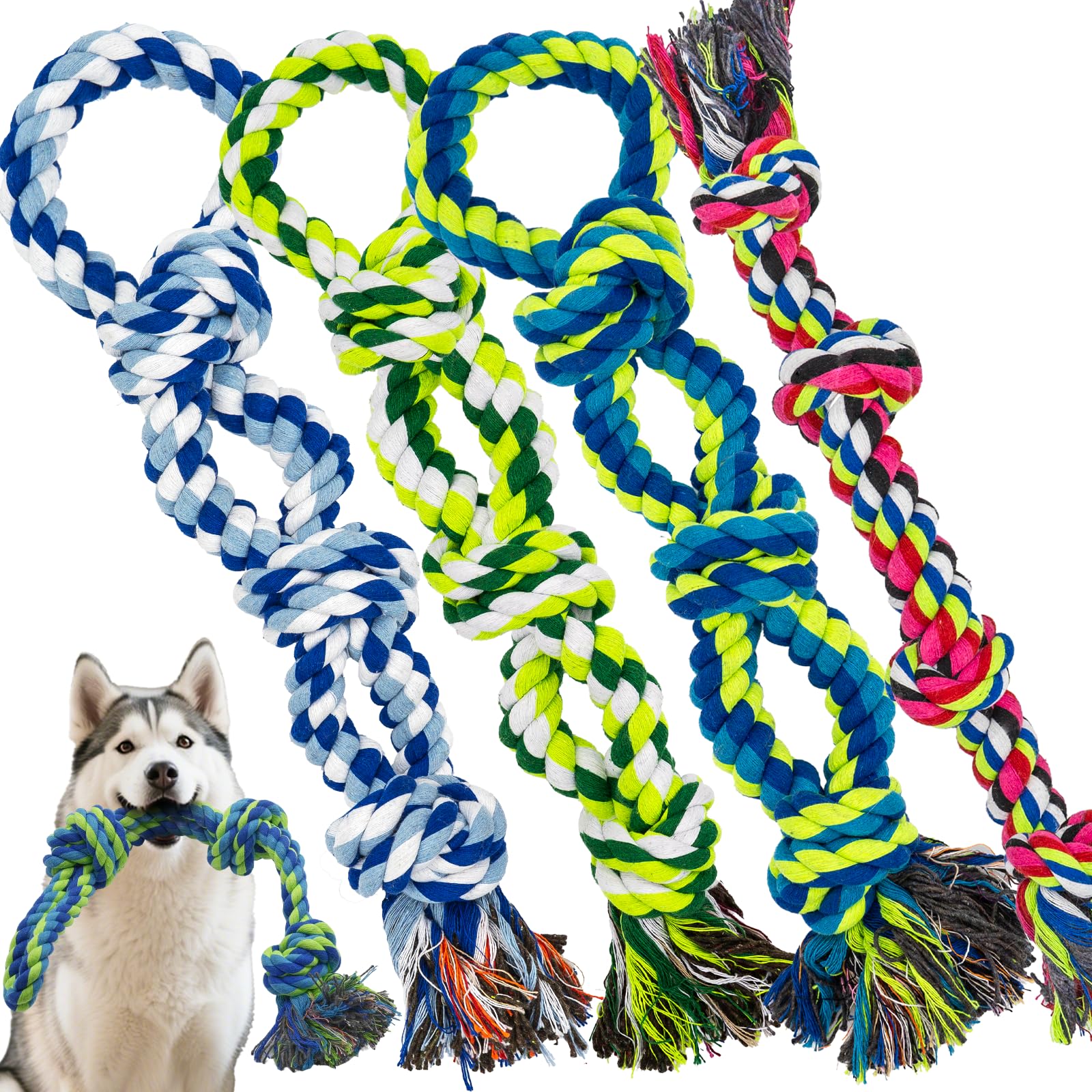 Rocfish 4-pack multicolor dog rope toy for aggressive chewers supports durable tug play.