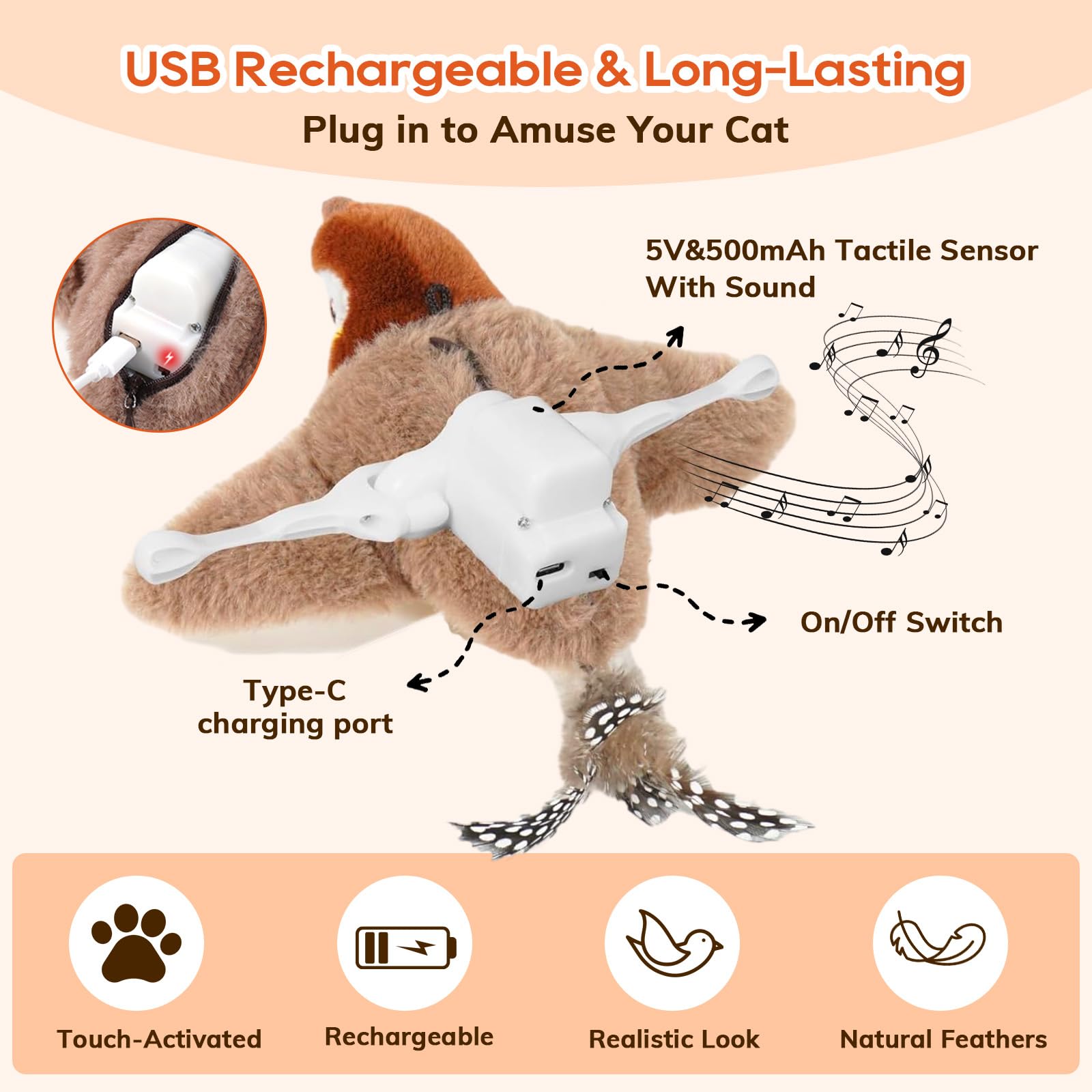 Rocfish bird toy wing-flap motion engages cats through lifelike movement.