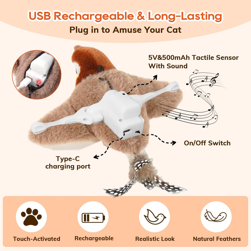 Rocfish bird toy wing-flap motion engages cats through lifelike movement.
