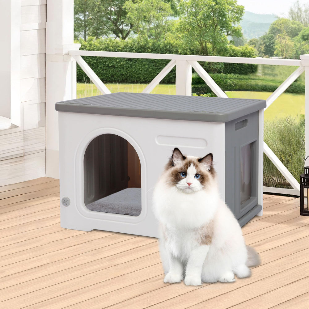 Rockever indoor-outdoor cat house fits indoors or outdoors for versatile use.