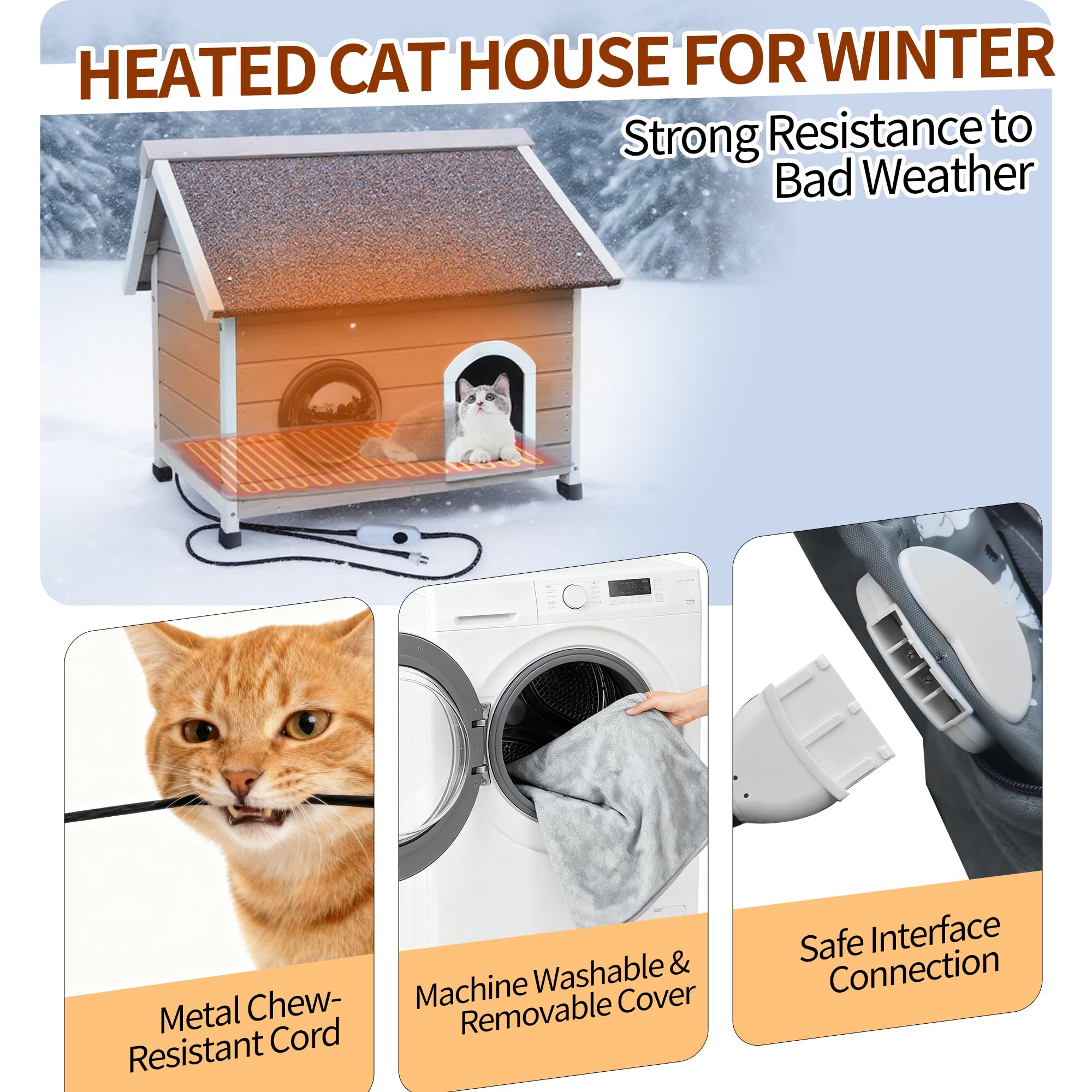 Rockever weatherproof wood cat house showing windproof, waterproof construction.