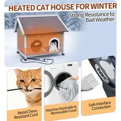 Rockever weatherproof wood cat house showing windproof, waterproof construction.