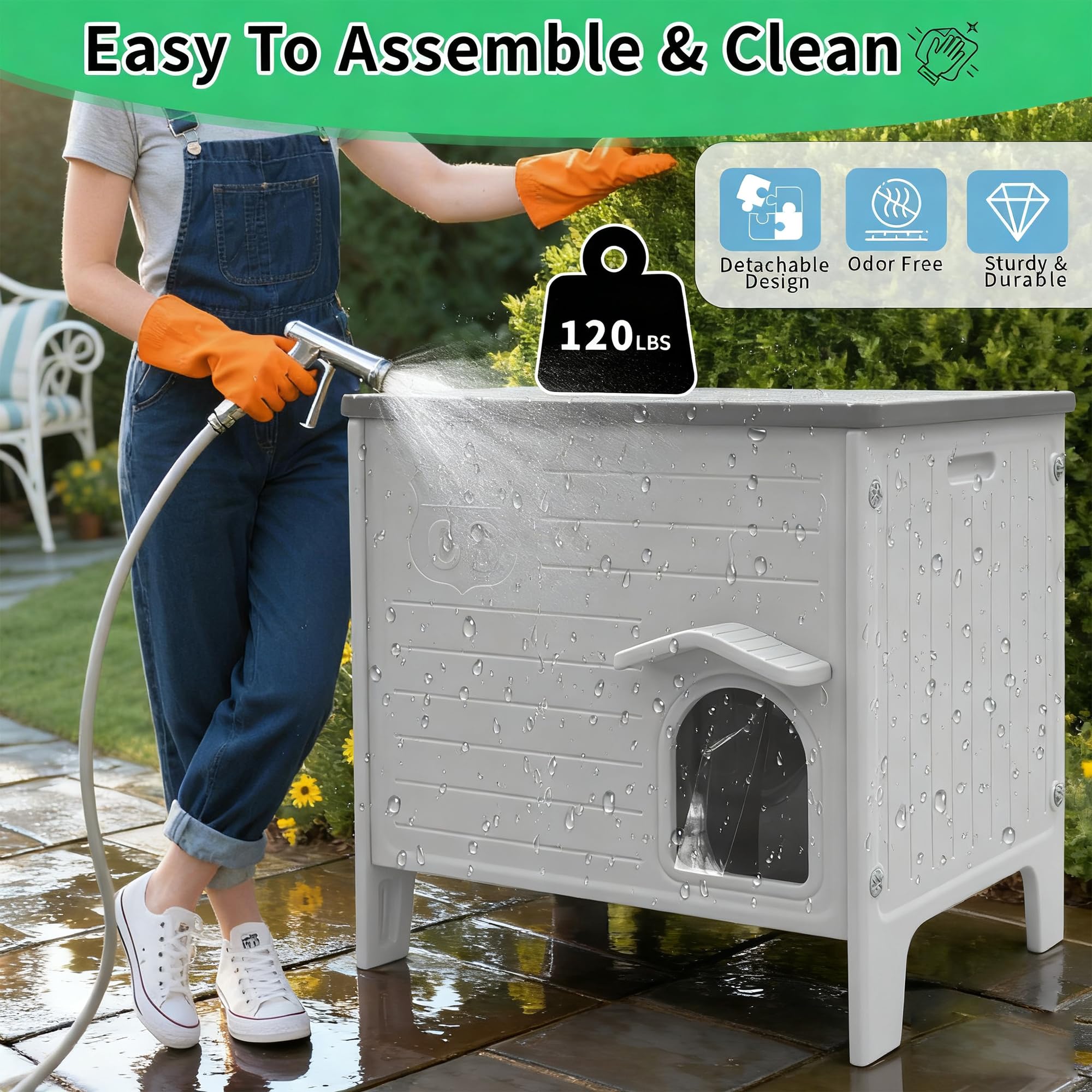 Rockever insulated outdoor cat house escape door supports safe exits for feral cats
