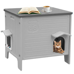 Rockever insulated outdoor cat house front view shows a grey shelter for year round comfort