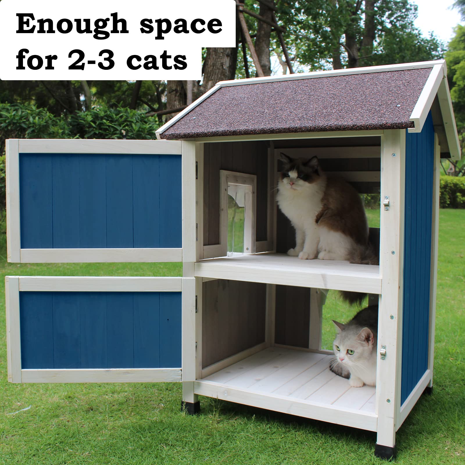 Rockever outdoor cat house side view highlights two-story design enabling more activity