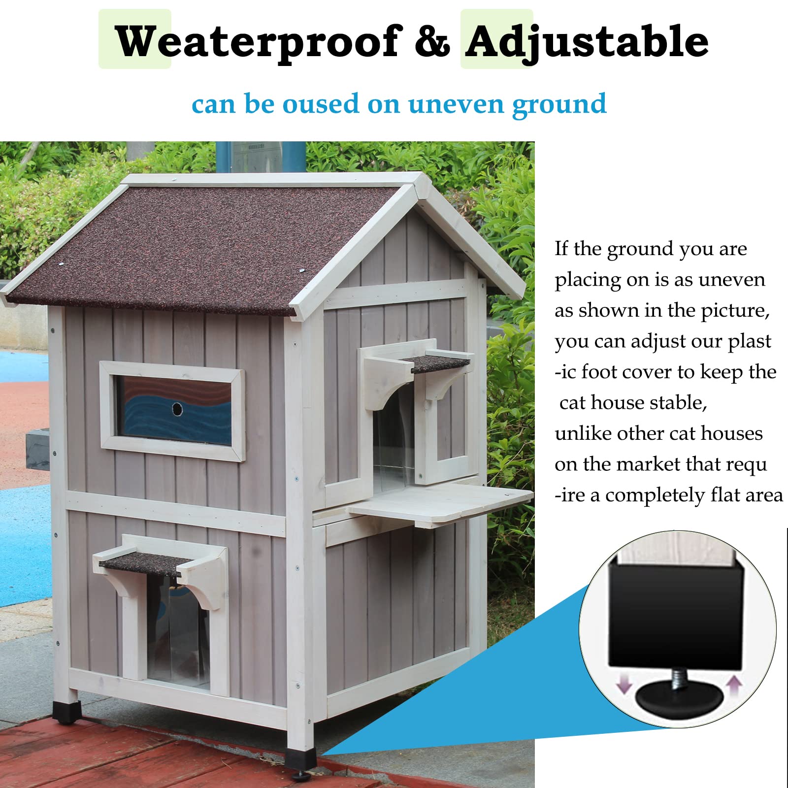 Rockever Outdoor Cat House top-floor interior image shows spacious two-level living area