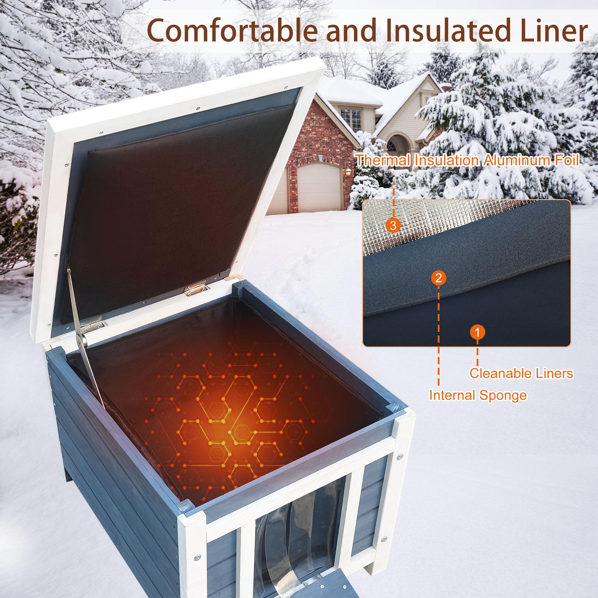 Rockever wooden outdoor cat house with asphalt roof for weather resistance.