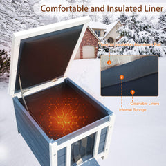 Rockever wooden outdoor cat house with asphalt roof for weather resistance.