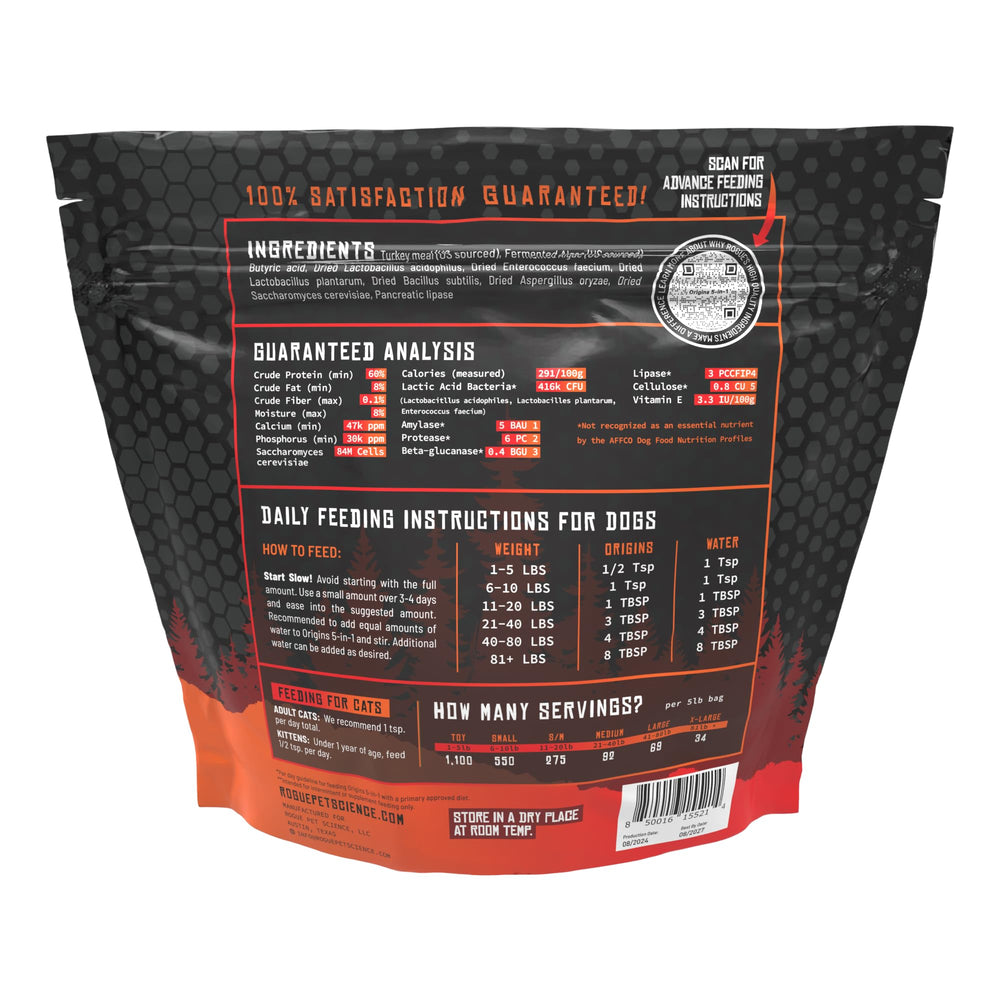 Rogue Pet Science Origins digestive powder closeup demonstrates immune-support and skin-coat benefits
