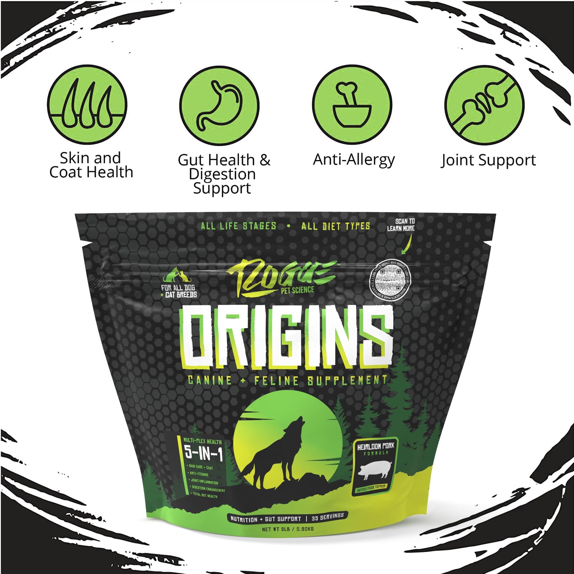 Dog enjoys a meal with Origins topper, suggesting improved digestion support from Rogue Pet Science.