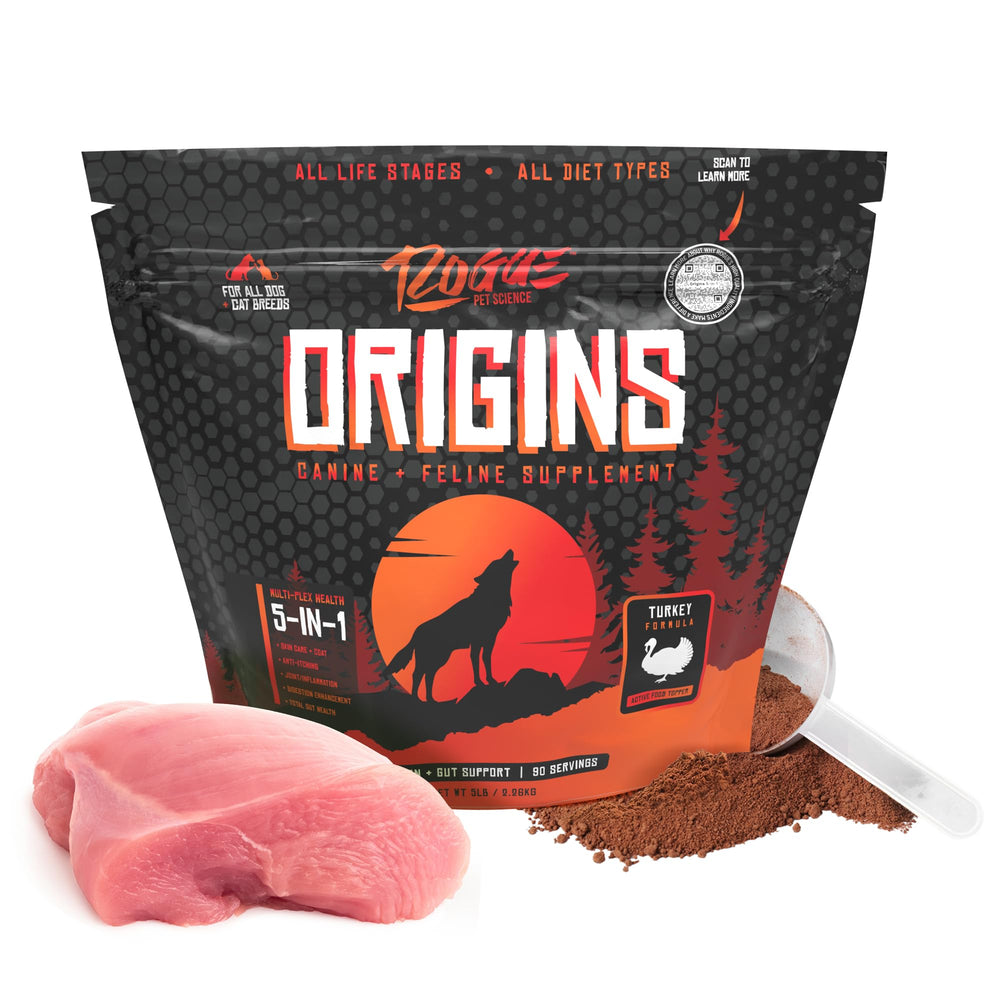 Rogue Pet Science Origins 5-in-1 powder topper in bowl supports digestion and coat health