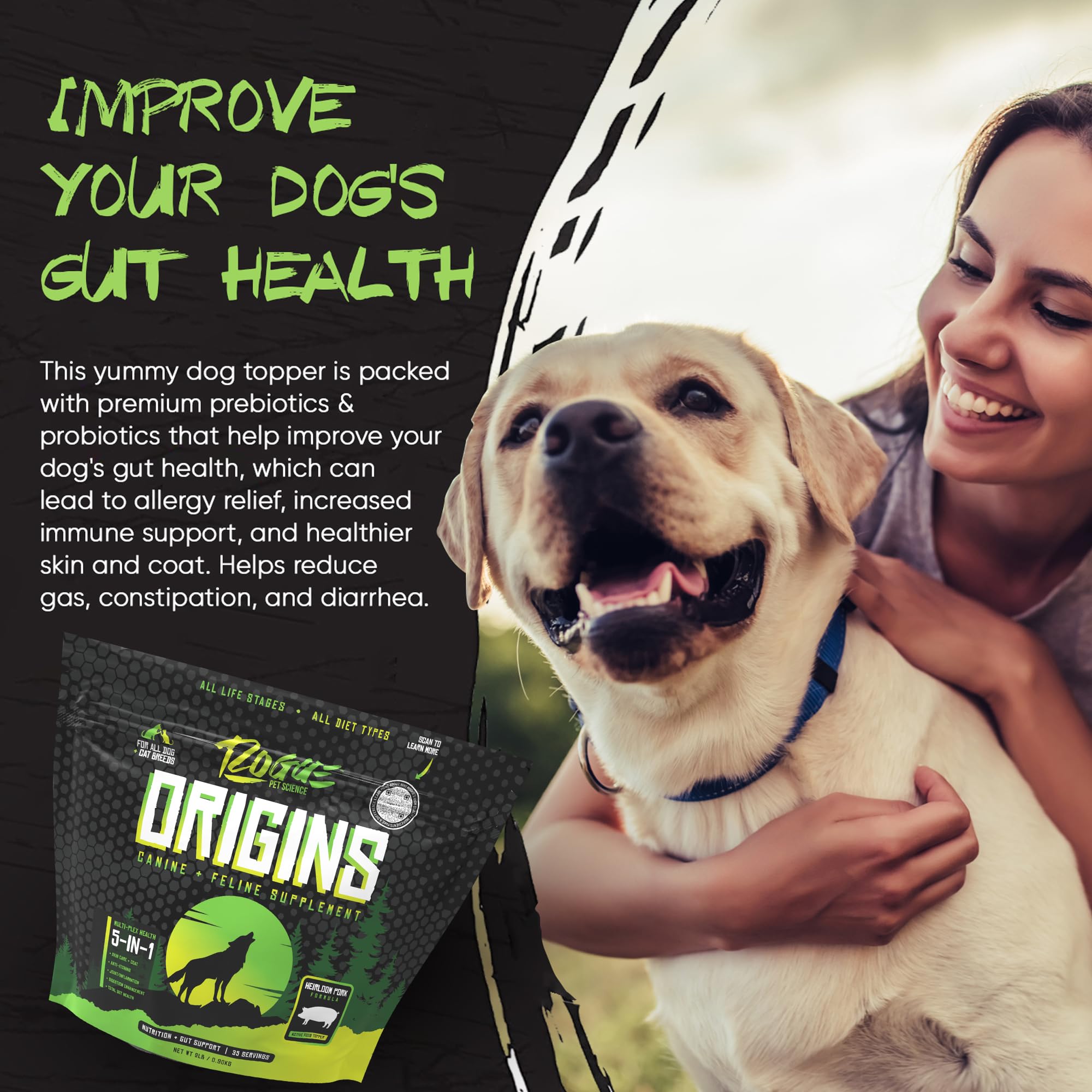 Rogue Pet Science Origins shows natural heirloom pork protein as a premium protein source.