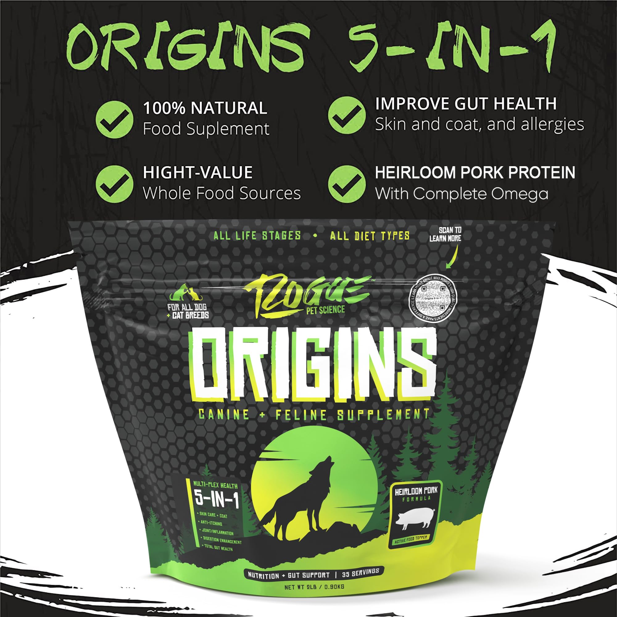 Origins powder being poured into a dog's bowl to boost mealtime nutrition by Rogue Pet Science.