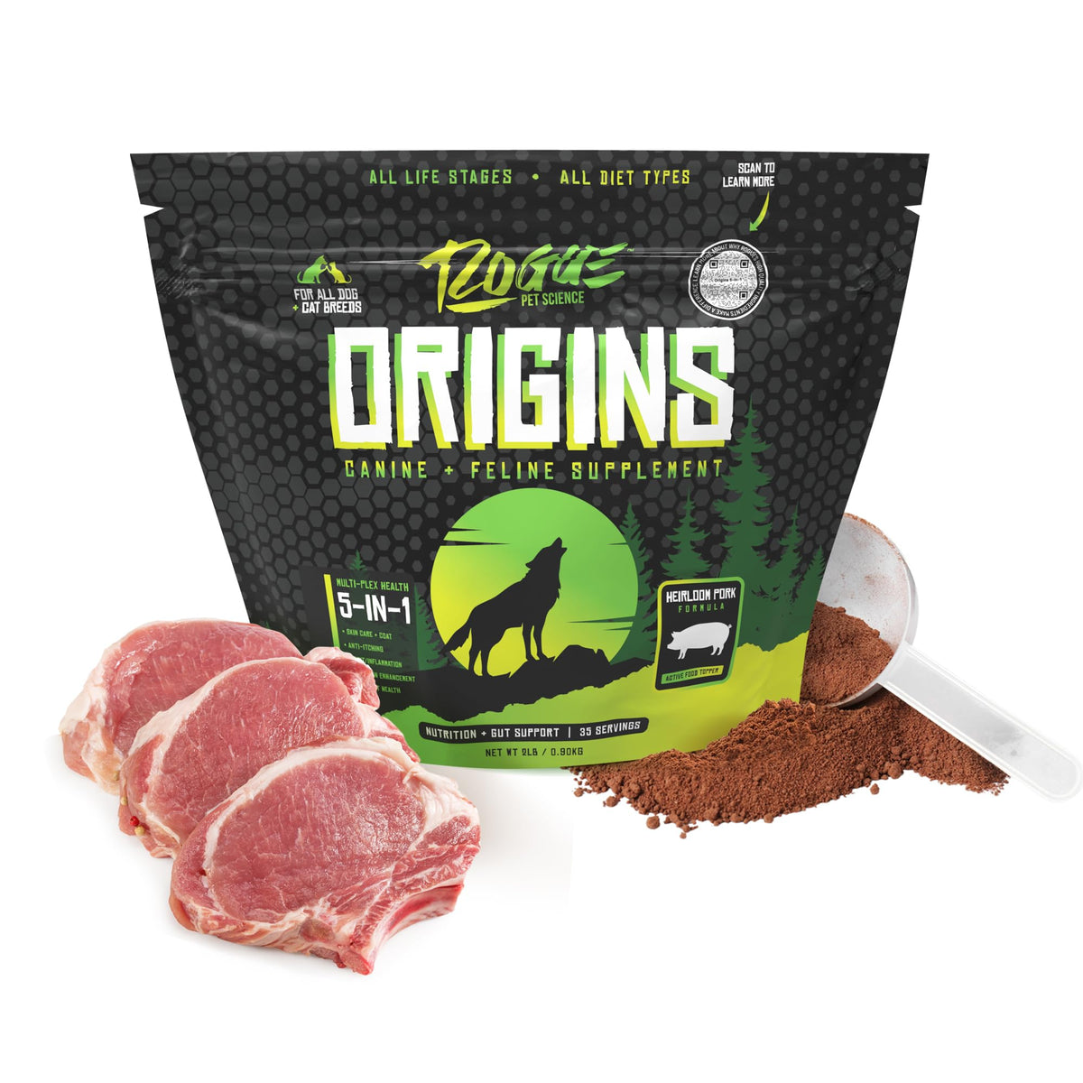 Rogue Pet Science Origins packaging highlights pork-based 5-in-1 formula for dogs' daily wellness.