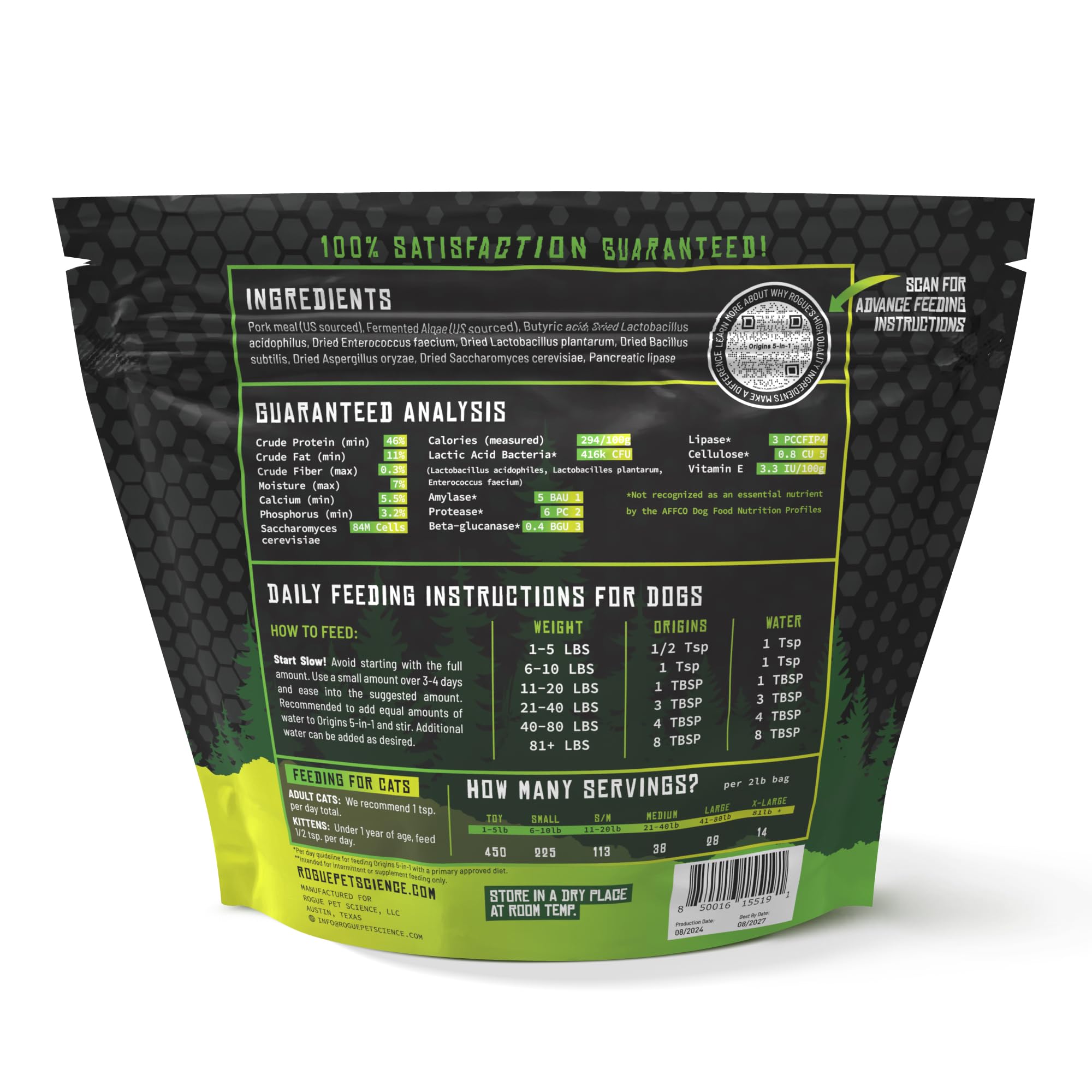 Rogue Pet Science Origins is USA-made in Texas with quality-controlled production.