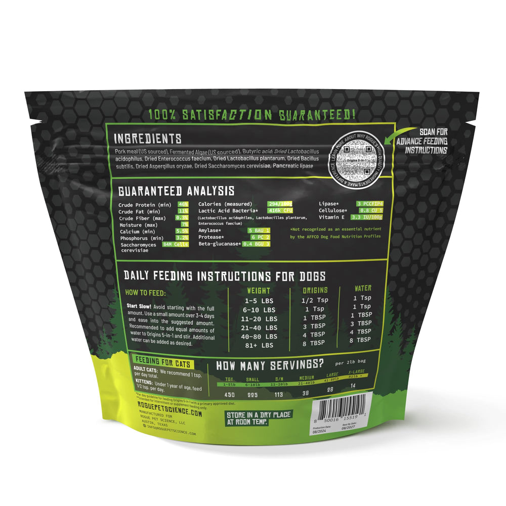 Rogue Pet Science Origins is USA-made in Texas with quality-controlled production.