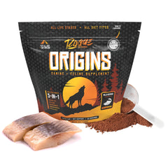 Rogue Pet Science Origins 5-in-1 dog supplement tub with omega-rich formula for digestion.