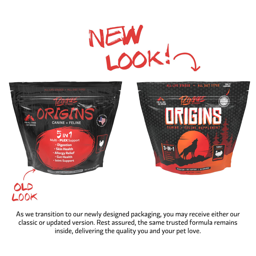 Rogue Pet Science Origins topper scoop shows turkey protein ingredient for gut-friendly nutrition