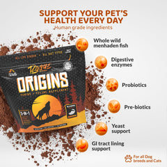 Origins powder being stirred into dog food at mealtime for easy daily supplementation.